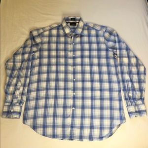 Peter Millar Collection Blue White Yellow Plaid Button Down Shirt Size Large